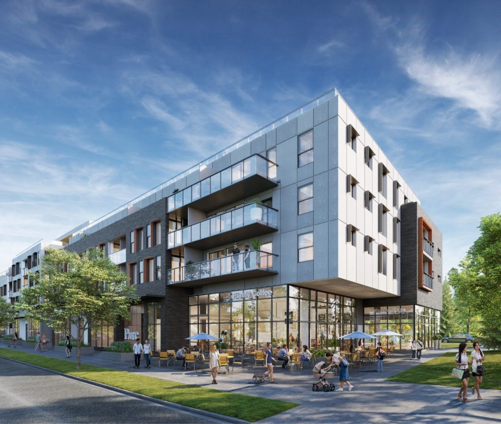 Modern urban apartment building with outdoor cafe seating.